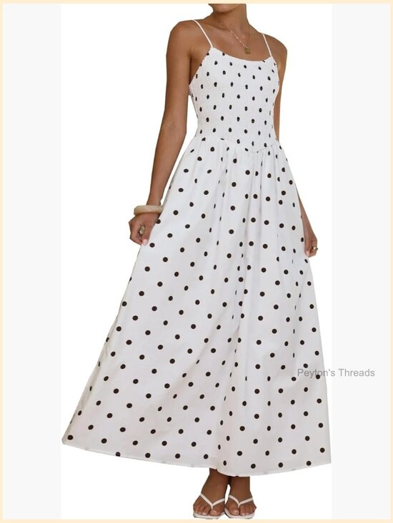 Dresses & Skirts - Smocked High Waisted Polka Dot Maxi Dress Spaghetti Strap Flowy Swing Beach